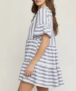 She She Boutique CLOTHING Stripe V-Neck Dress - Green OR Navy