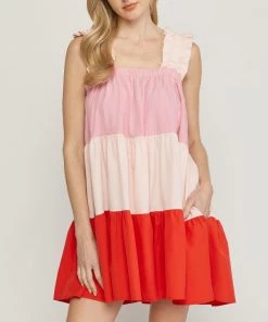 She She Boutique Color Block Tiered Dress - Red Combo