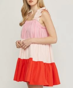 She She Boutique Color Block Tiered Dress - Red Combo