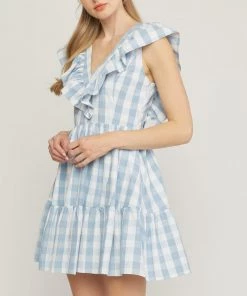 She She Boutique Gingham Print Dress - Blue