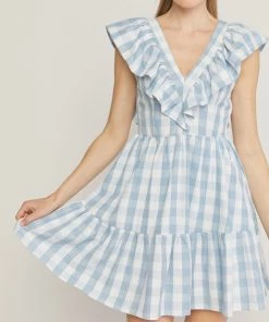 She She Boutique Gingham Print Dress - Blue