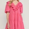 She She Boutique V-Neck Ruffle Dress - Hot Pink OR Off White CLOTHING