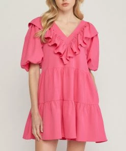 She She Boutique V-Neck Ruffle Dress - Hot Pink OR Off White CLOTHING