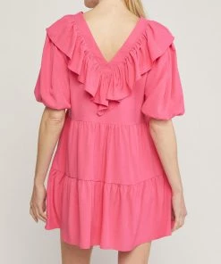 She She Boutique V-Neck Ruffle Dress - Hot Pink OR Off White CLOTHING