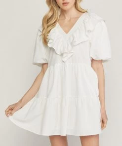 She She Boutique V-Neck Ruffle Dress - Hot Pink OR Off White CLOTHING