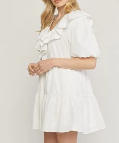 She She Boutique V-Neck Ruffle Dress - Hot Pink OR Off White CLOTHING