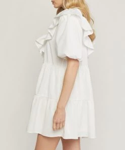 She She Boutique V-Neck Ruffle Dress - Hot Pink OR Off White CLOTHING