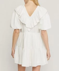 She She Boutique V-Neck Ruffle Dress - Hot Pink OR Off White CLOTHING