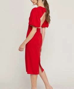 She She Boutique CLOTHING Open Back Midi Dress - Red