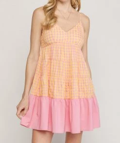 She She Boutique Gingham Dress - Pink CLOTHING