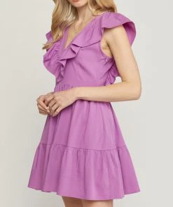 She She Boutique V-Neck Ruffle Dress - Dark Green OR Orchid