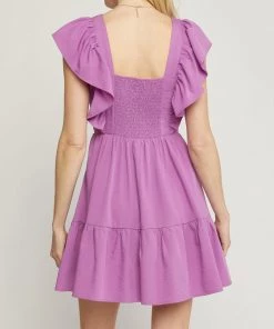 She She Boutique V-Neck Ruffle Dress - Dark Green OR Orchid