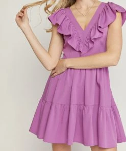 She She Boutique V-Neck Ruffle Dress - Dark Green OR Orchid