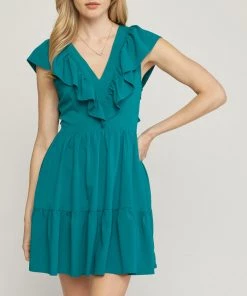 She She Boutique V-Neck Ruffle Dress - Dark Green OR Orchid