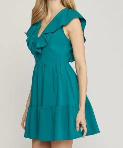She She Boutique V-Neck Ruffle Dress - Dark Green OR Orchid