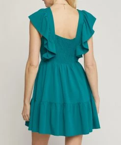 She She Boutique V-Neck Ruffle Dress - Dark Green OR Orchid