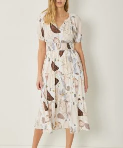 She She Boutique Printed V-Neck Midi Dress - Cream