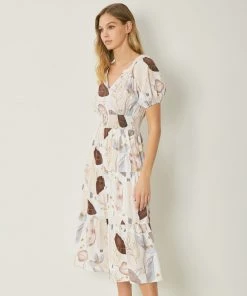 She She Boutique Printed V-Neck Midi Dress - Cream