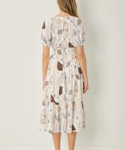 She She Boutique Printed V-Neck Midi Dress - Cream