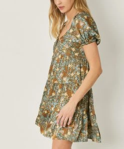 She She Boutique Satin Floral Dress - Sea Green CLOTHING