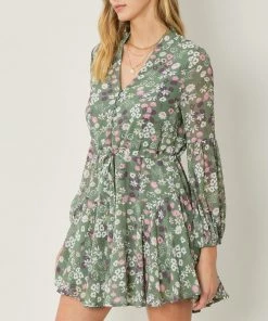 She She Boutique Floral Button Front Dress - Olive CLOTHING