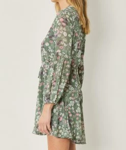 She She Boutique Floral Button Front Dress - Olive CLOTHING
