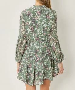 She She Boutique Floral Button Front Dress - Olive CLOTHING