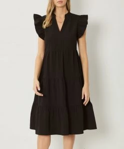 She She Boutique CLOTHING V-Neck Dress With Ruffle Sleeves - Artichoke Or Black