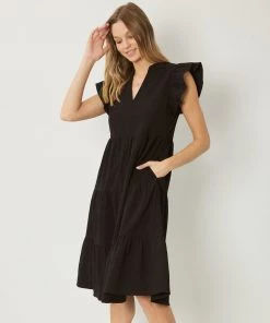 She She Boutique CLOTHING V-Neck Dress With Ruffle Sleeves - Artichoke Or Black