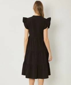 She She Boutique CLOTHING V-Neck Dress With Ruffle Sleeves - Artichoke Or Black