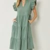 She She Boutique CLOTHING V-Neck Dress With Ruffle Sleeves - Artichoke Or Black