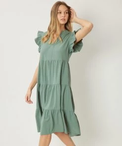 She She Boutique CLOTHING V-Neck Dress With Ruffle Sleeves - Artichoke Or Black