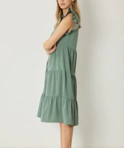 She She Boutique CLOTHING V-Neck Dress With Ruffle Sleeves - Artichoke Or Black