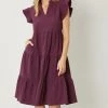 She She Boutique V-Neck Dress With Ruffle Sleeves - Eggplant 2 She She Boutique V-Neck Dress With Ruffle Sleeves - Eggplant
