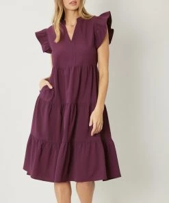 She She Boutique V-Neck Dress With Ruffle Sleeves - Eggplant