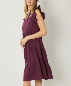 She She Boutique V-Neck Dress With Ruffle Sleeves - Eggplant