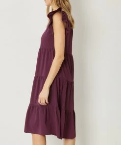 She She Boutique V-Neck Dress With Ruffle Sleeves - Eggplant