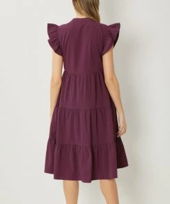 She She Boutique V-Neck Dress With Ruffle Sleeves - Eggplant