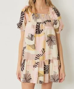 She She Boutique Leaf Print Dress - Taupe/Black CLOTHING