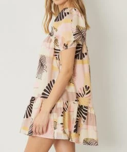 She She Boutique Leaf Print Dress - Taupe/Black CLOTHING
