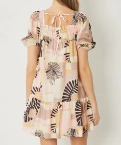 She She Boutique Leaf Print Dress - Taupe/Black CLOTHING