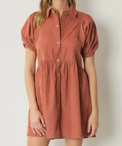 She She Boutique NEW ARRIVALS Corduroy Button Up Dress - Hunter Green OR Terra Cotta
