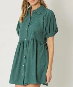 She She Boutique NEW ARRIVALS Corduroy Button Up Dress - Hunter Green OR Terra Cotta