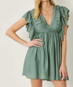 She She Boutique V-Neck Butterfly Sleeve Dress - Forest CLOTHING