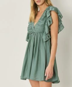 She She Boutique V-Neck Butterfly Sleeve Dress - Forest CLOTHING