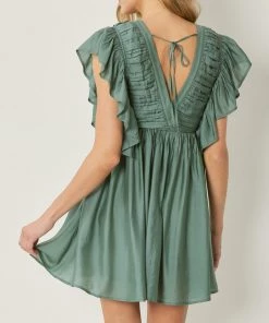 She She Boutique V-Neck Butterfly Sleeve Dress - Forest CLOTHING