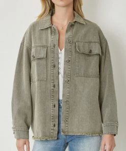 She She Boutique Raw Hem Denim Jacket - Army