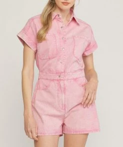 She She Boutique Denim Romper - Pink CLOTHING