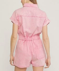 She She Boutique Denim Romper - Pink CLOTHING