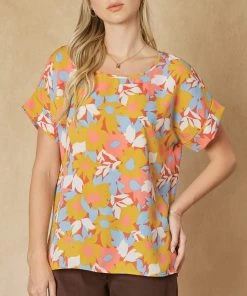She She Boutique Floral Short Sleeve Top - Mustard